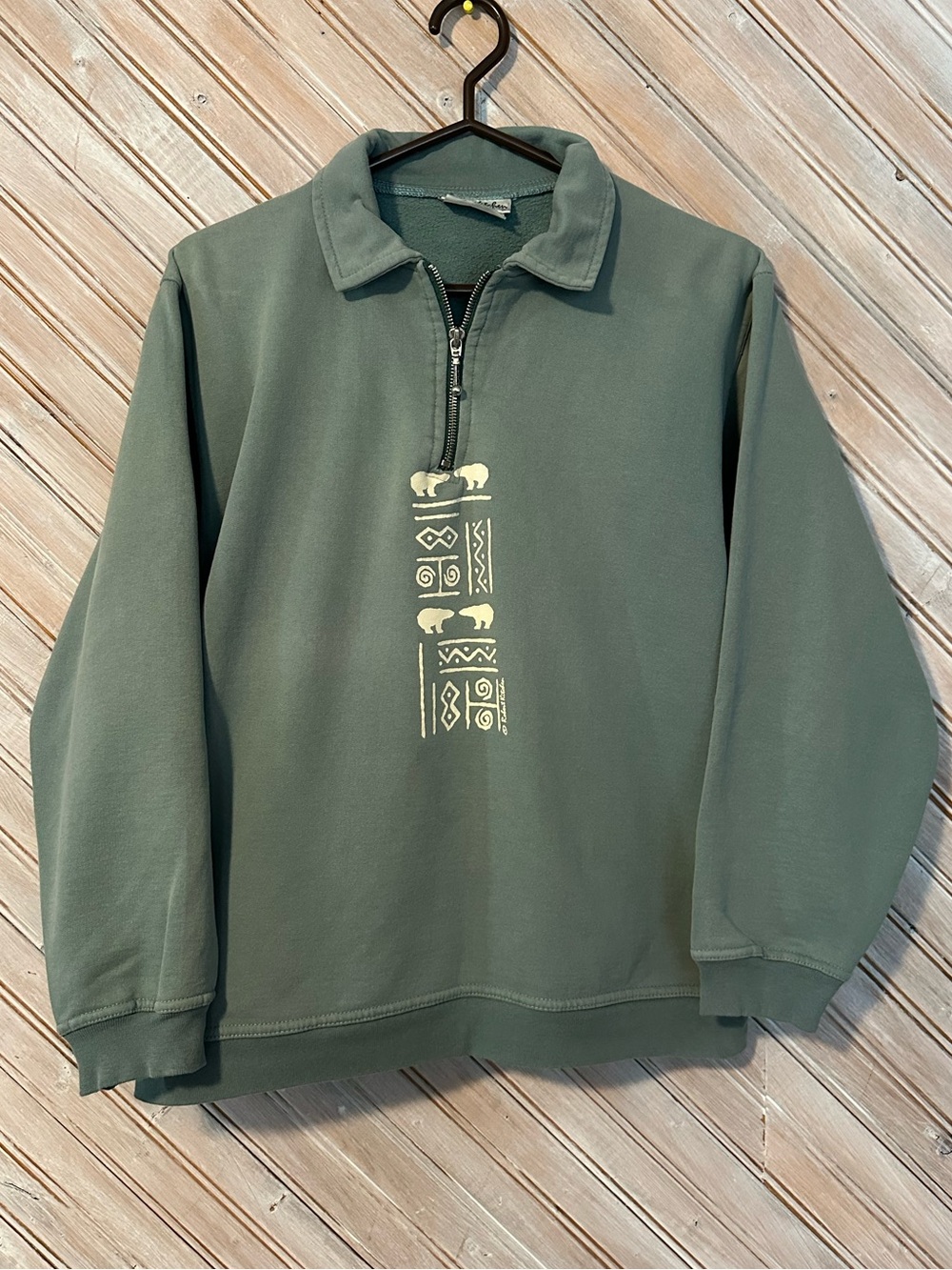Olive Green V-Neck Half-Zip Sweater with Cream Graphic